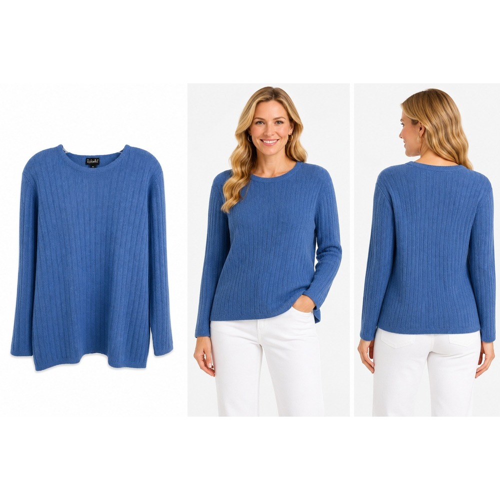 Rafaella Sweater Womens M Blue Angora Lambswool Ribbed Knit Crew Neck Fuzzy C47